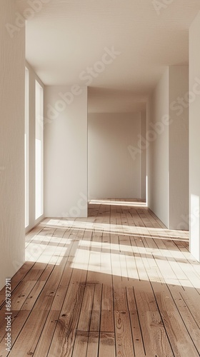 Wallpaper Mural Bright minimalist interior with wooden floor and sunlight reflections Torontodigital.ca