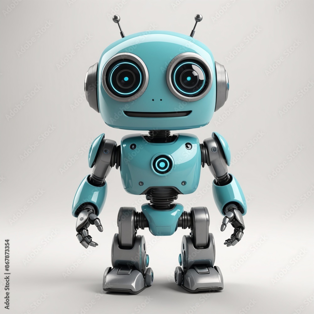 Adorable Cyan and Grey Robot Mascot on White Background Adorable Cyan and Grey Robot Mascot on White Background
