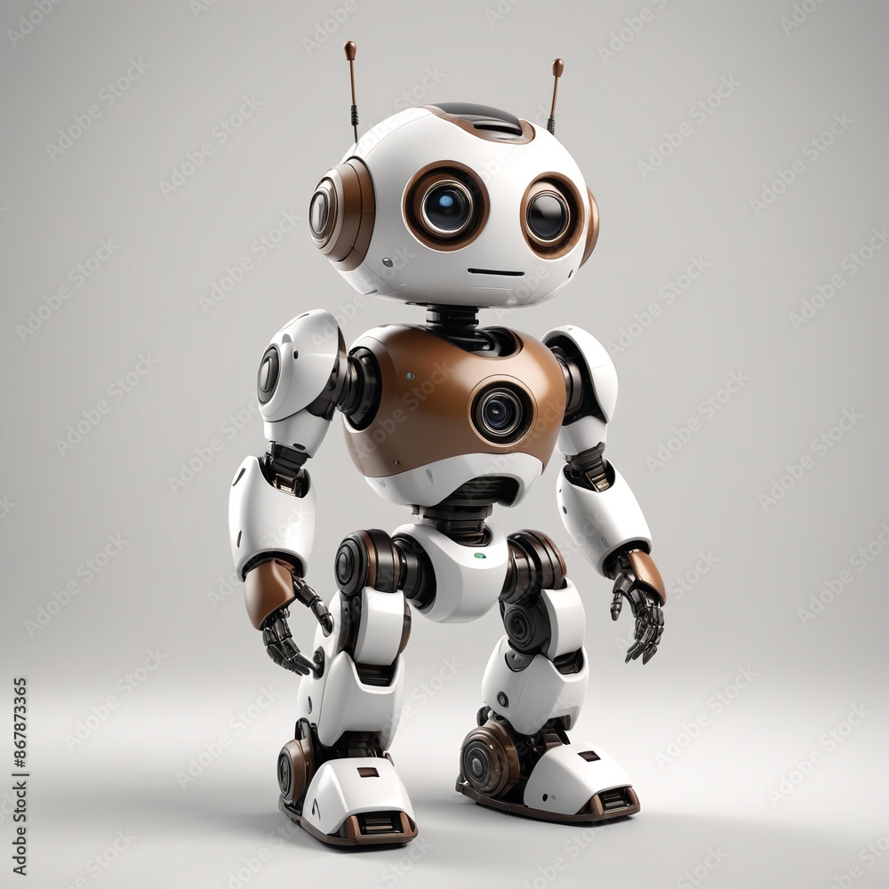 Adorable Minimalist Brown and White Robot on White Background Adorable Minimalist Brown and White Robot on White Background