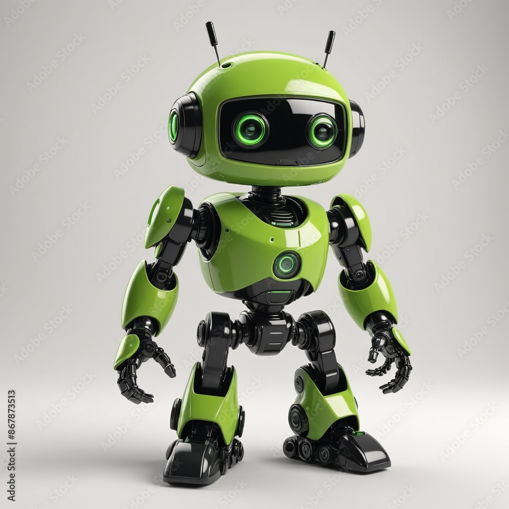 Adorable Green and Black Robot on White Background Adorable Green and Black Robot on White Background