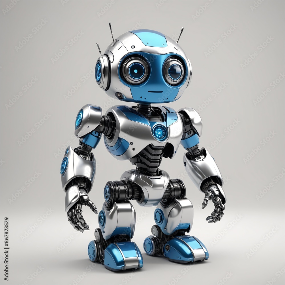 Futuristic Blue and Silver Robot on White Background Futuristic Blue and Silver Robot on White Background