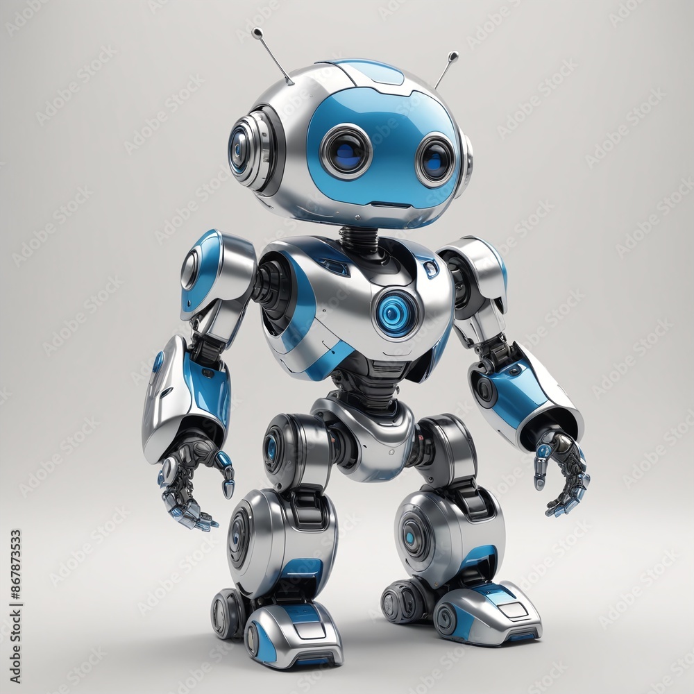 Futuristic Blue and Silver Robot on White Background Futuristic Blue and Silver Robot on White Background