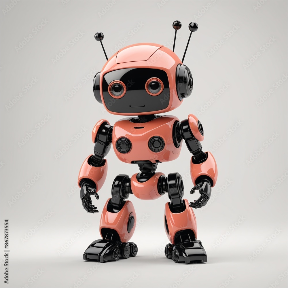 Minimalist Coral and Black Robot in Isolation on White Minimalist Coral and Black Robot in Isolation on White