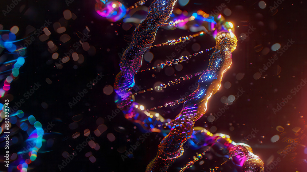Hologram of DNA, spiraling helix, dark background. Hologram of DNA, spiraling helix, dark background.