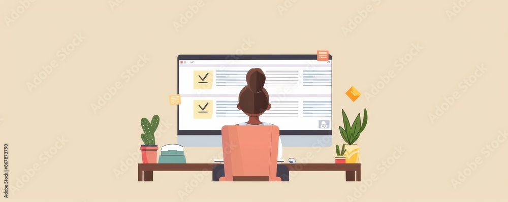 Woman working on a desktop computer, organizing tasks and planning, surrounded by plants, emphasizing productivity and organization in a home office. Illustration. Woman working on a desktop computer, organizing tasks and planning, surrounded by plants, emphasizing productivity and organization in a home office. Illustration.