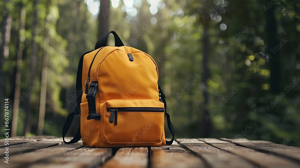 Orange yellow backpack on wooden surface in forest Orange yellow backpack on wooden surface in forest