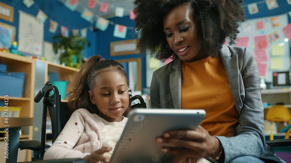 Obraz premium Teacher and student using a tablet in a classroom
