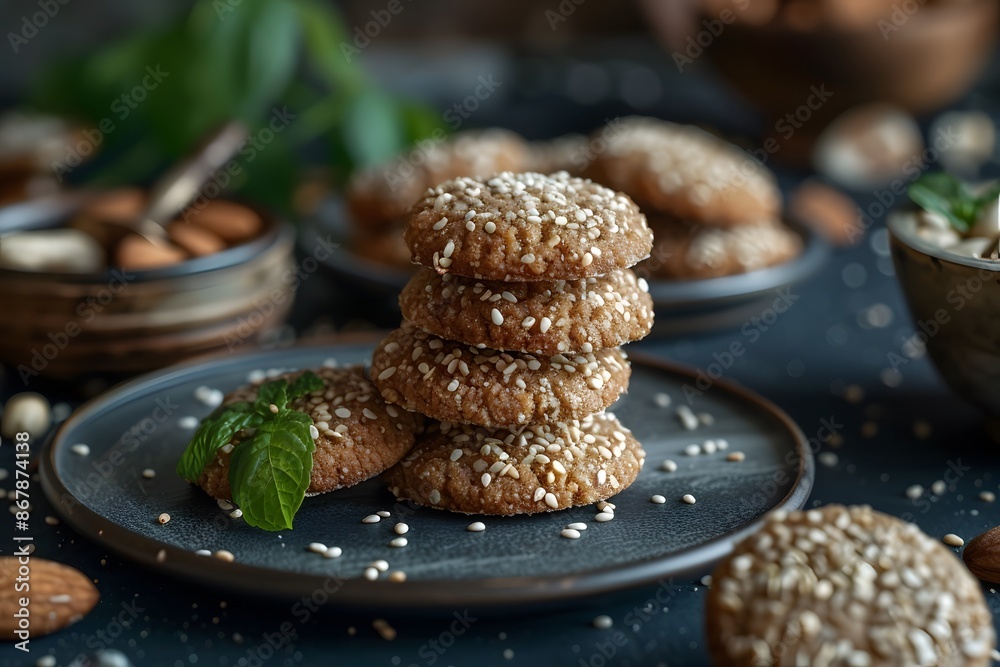 Delicious Sesame Almond Cookies Stacked on a Plate Delicious Sesame Almond Cookies Stacked on a Plate
