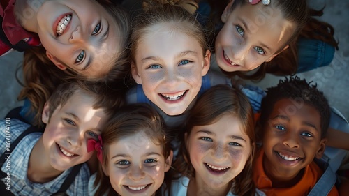 Diverse group of happy children smiling in a circle