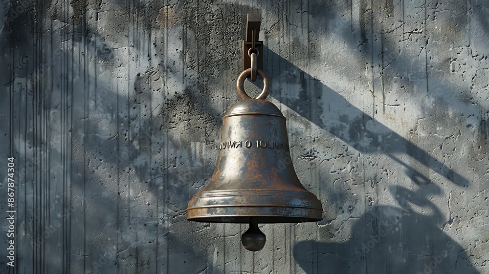 Obraz premium Weathered metal bell on textured concrete wall