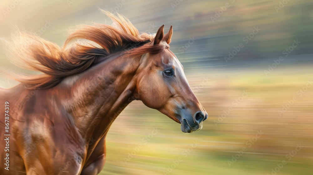 Obraz premium A horse with a glossy brown coat runs at full speed, its mane flowing in the wind, set against a blurred background of warm tones.