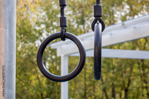 Hanging rings for gymnastic exercises on a background of green trees. Outdoor park workouts, healthy lifestyle concept