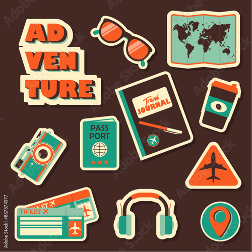 Set of travel stickers and elements in retro style. Vintage collection of isolated badges and stamps. Nostalgia of 80s. Journey icons