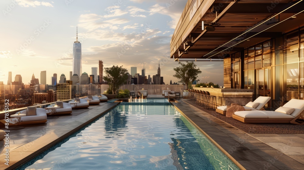 A rooftop pool with stunning city skyline views A rooftop pool with stunning city skyline views