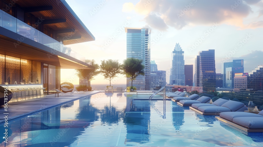 Naklejka premium A rooftop pool with stunning city skyline views