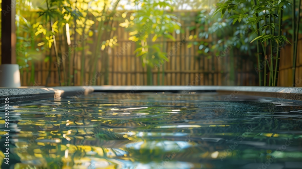 A serene pool in a spa setting, surrounded by bamboo and natural stone A serene pool in a spa setting, surrounded by bamboo and natural stone
