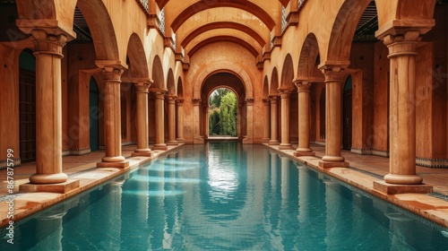 A serene pool surrounded by Mediterranean-style architecture © Ibad