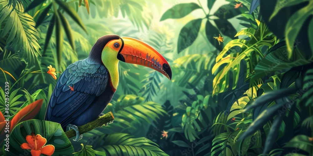 A family hiking through a lush rainforest, their eyes wide with wonder as they spot a colorful toucan perched on a branch A family hiking through a lush rainforest, their eyes wide with wonder as they spot a colorful toucan perched on a branch