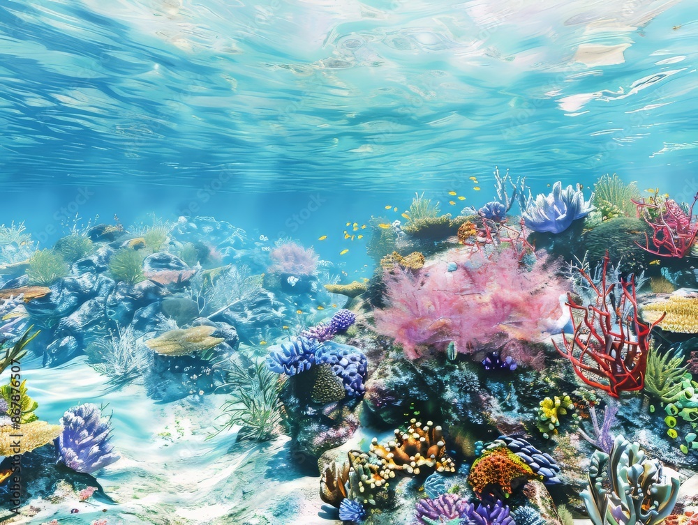 Fototapeta premium Vibrant Coral Reef Ecosystem Underneath Clear Blue Water
