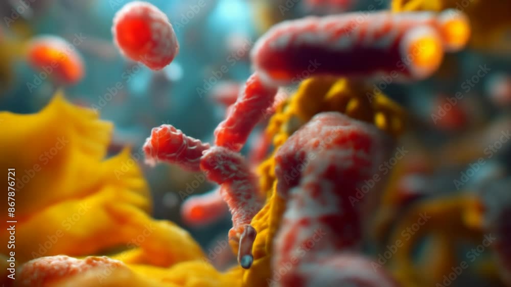 Microscopic cells in color, abstract biological research. Concept: scientific discoveries and the study of microbiology Microscopic cells in color, abstract biological research. Concept: scientific discoveries and the study of microbiology