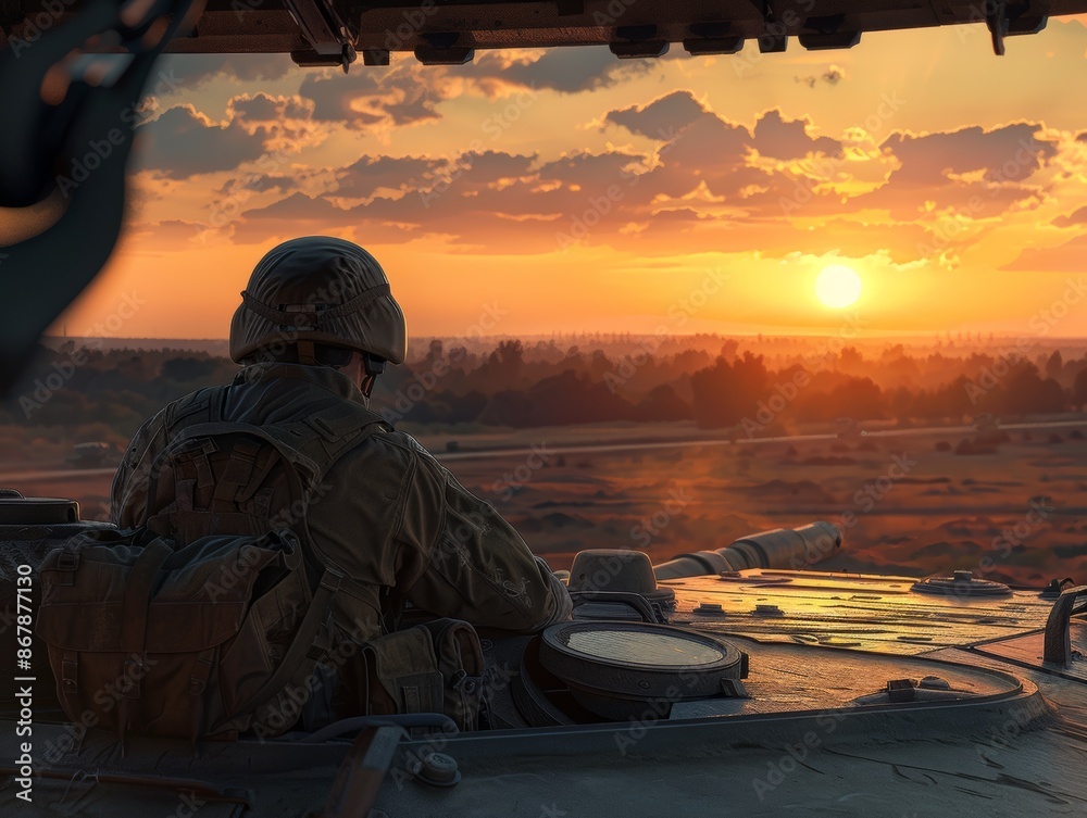 Soldier Observing Sunset From Inside Tank Soldier Observing Sunset From Inside Tank