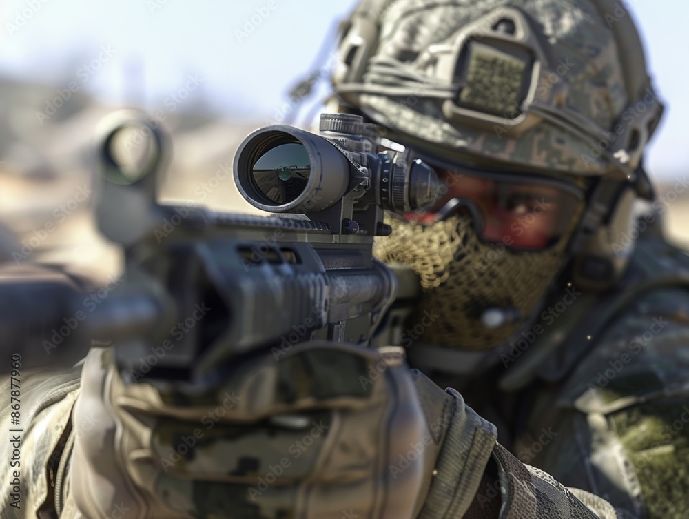 Fototapeta premium Close Up of a Soldier Aiming a Rifle With Scope During Training