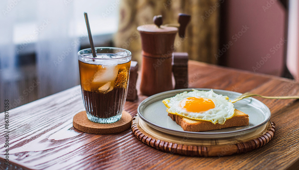 冷えたアイスコーヒーと目玉焼きをのせたパン 背景画像 Generative AI 冷えたアイスコーヒーと目玉焼きをのせたパン 背景画像 Generative AI