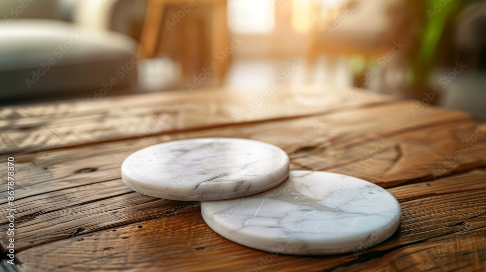 A set of marble coasters on a wooden table A set of marble coasters on a wooden table