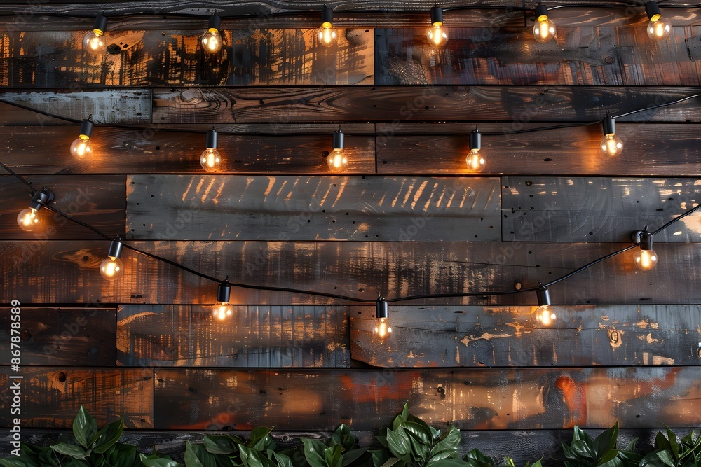 Rustic Wooden Wall with String Lights and Greenery Rustic Wooden Wall with String Lights and Greenery