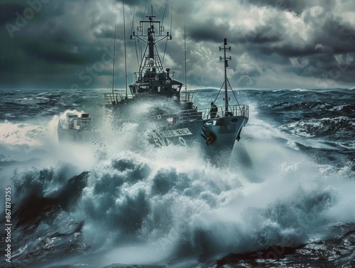 Large Ship Battling Rough Seas Under Dramatic Storm Clouds © Bendix