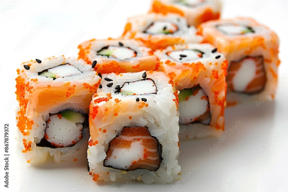 Delicious California Rolls with Crab, Avocado, and Tobiko Delicious California Rolls with Crab, Avocado, and Tobiko