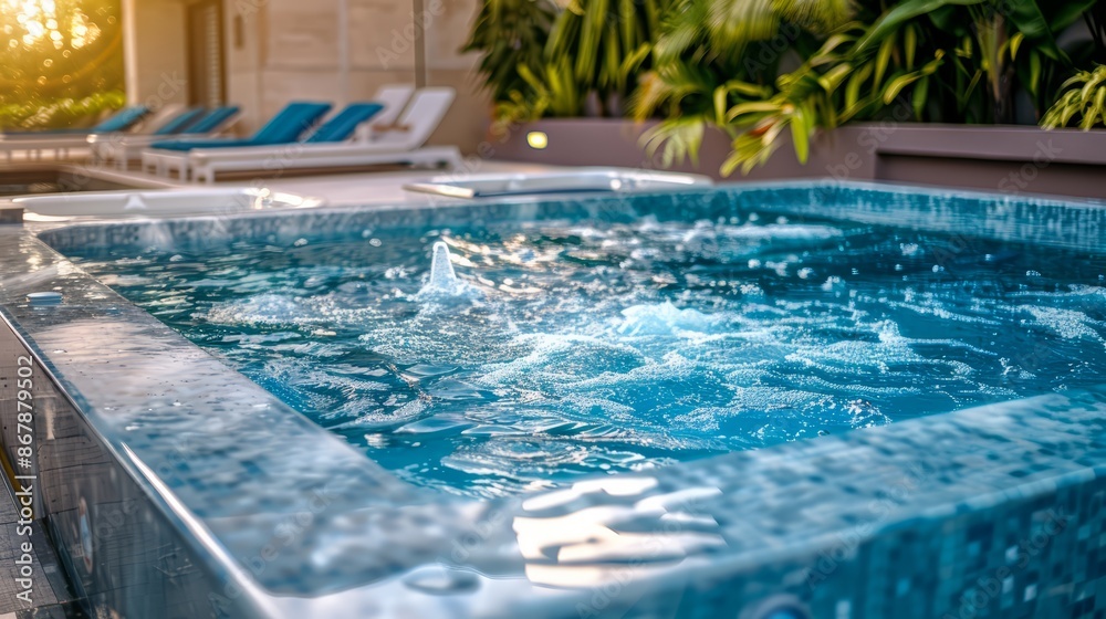 A sparkling pool with a built-in jacuzzi A sparkling pool with a built-in jacuzzi