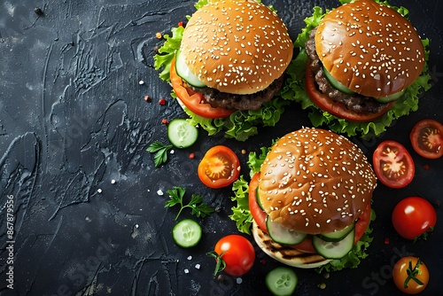 Wallpaper Mural Delicious Trio of Gourmet Burgers with Fresh Vegetables on a Dark Background Torontodigital.ca