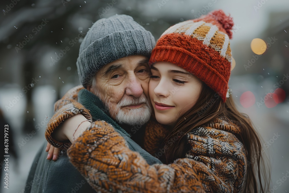 Heartwarming Winter Embrace Between Grandfather and Granddaughter Heartwarming Winter Embrace Between Grandfather and Granddaughter