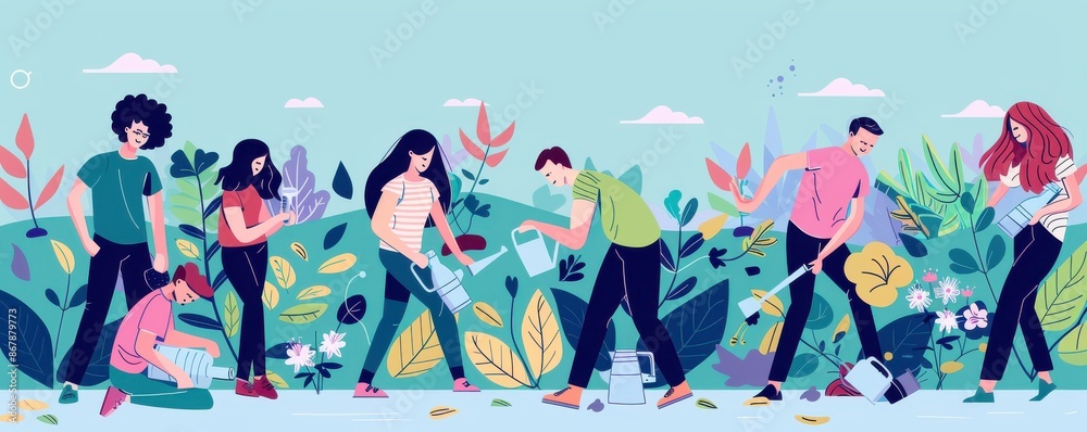 A group of people are watering plants. The image has a bright and cheerful mood, with the people working together to care for the plants. Illustration. A group of people are watering plants. The image has a bright and cheerful mood, with the people working together to care for the plants. Illustration.