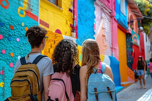 Friends Exploring a Vibrant Street with Colorful Murals