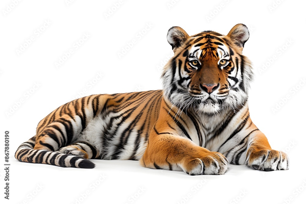 Obraz premium Majestic Bengal Tiger Resting on White Background