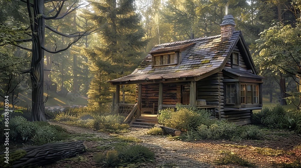 Cozy wooden cabin in the middle of the forest during the day, tranquil nature and quiet retreat concept Cozy wooden cabin in the middle of the forest during the day, tranquil nature and quiet retreat concept