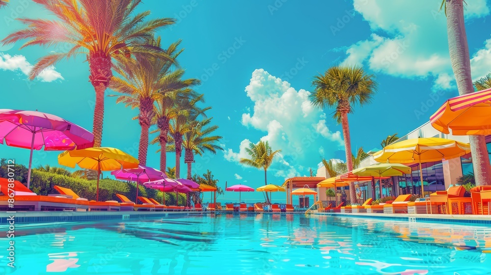 Obraz premium A vibrant resort pool with palm trees and colorful sun umbrellas