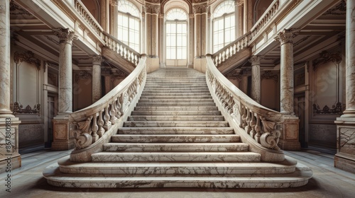 An elegant marble staircase with intricately carved railings