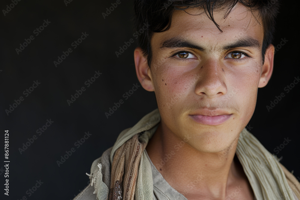Close-up portrait of a young Indigenous man, studio photo, against a sleek gray studio backdrop Close-up portrait of a young Indigenous man, studio photo, against a sleek gray studio backdrop