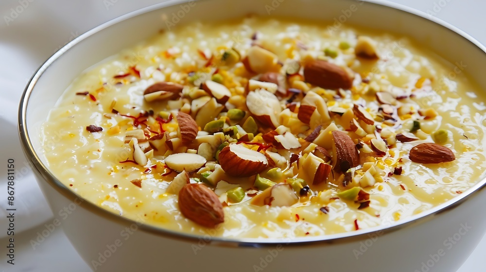 Creamy flavorful kheer garnished with chopped nuts and saffron on a white background Creamy flavorful kheer garnished with chopped nuts and saffron on a white background