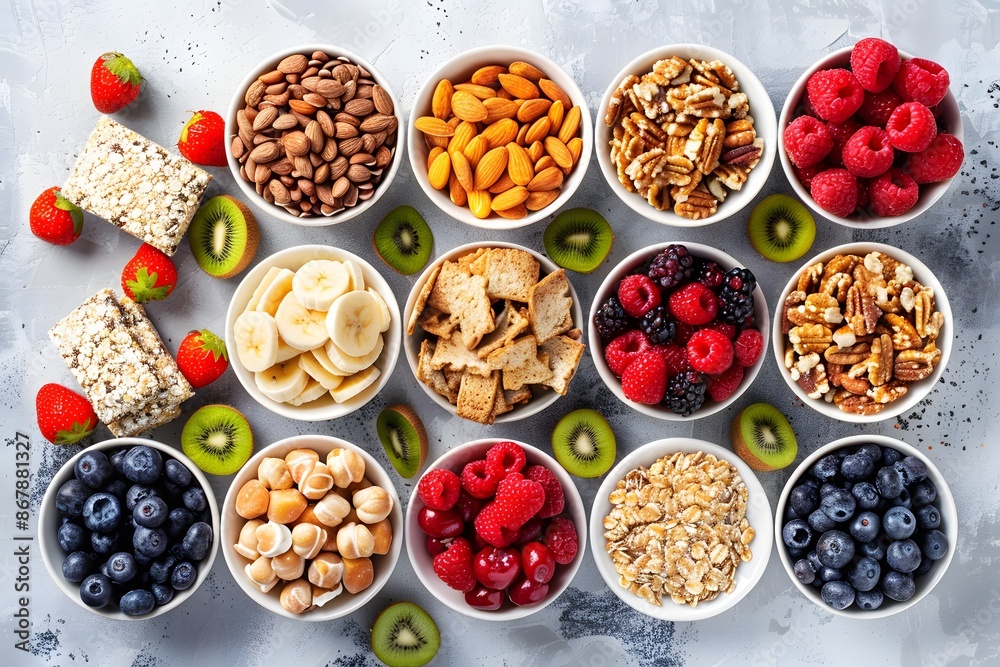 Assorted Healthy Snacks and Fruits in Bowls Assorted Healthy Snacks and Fruits in Bowls