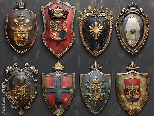 Collection of Ornate Medieval Shields with Royal Emblems