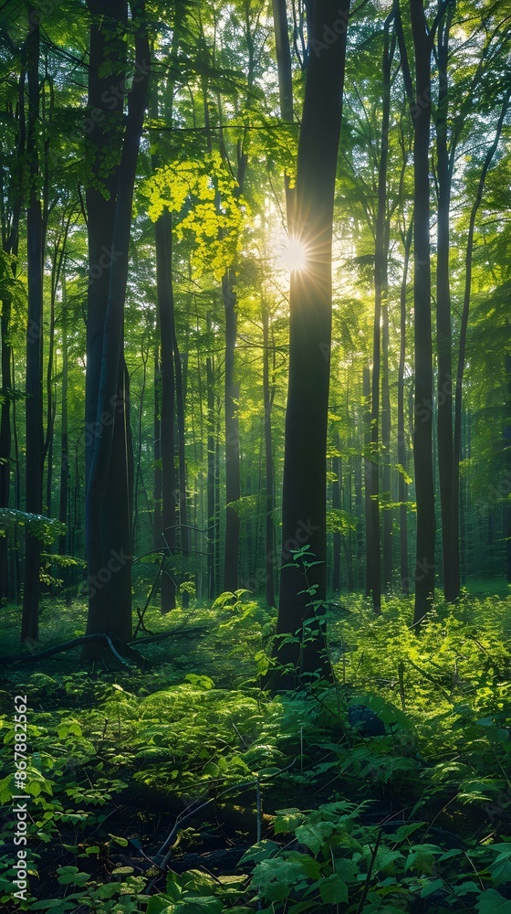 Fototapeta premium Sunlight streaming through the trees. The forest, the sun, the trees