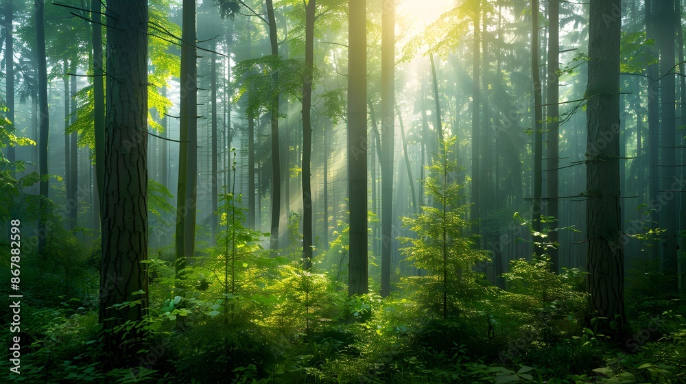 Fototapeta premium Sunlight streaming through the trees. The forest, the sun, the trees