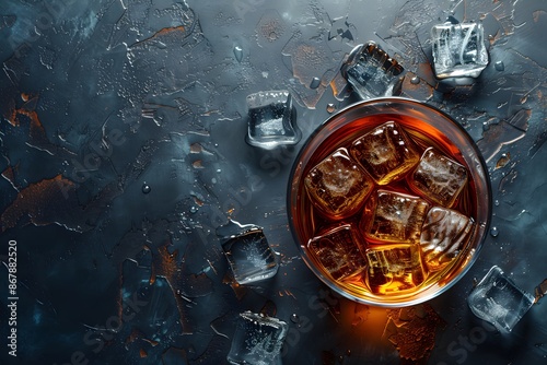 Whiskey on the Rocks with Ice Cubes on a Dark Textured Surface