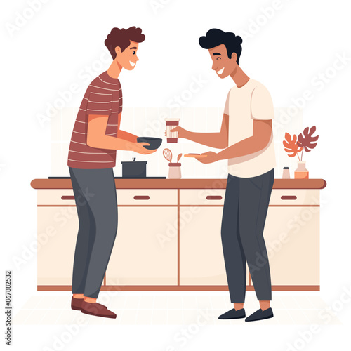 LGBT couple preparing breakfast in a bright kitchen. Two men of different races chatting during lunch break. People in flat style, on the theme of LGBT