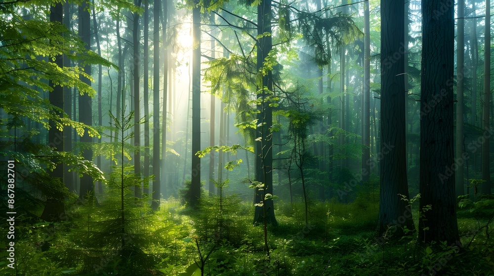 Fototapeta premium Sunlight streaming through the trees. The forest, the sun, the trees