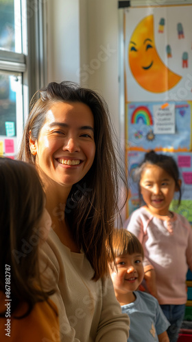 A teacher warmly welcoming students into the classroom. The scene captures the friendly and inviting atmosphere as students enter, ready to start their day of learning with enthusiasm and curiosity